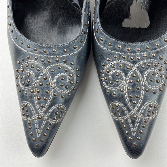 J. Renee! Gunsmoke blue leather gold studded embossed heels - Picture 5 of 13